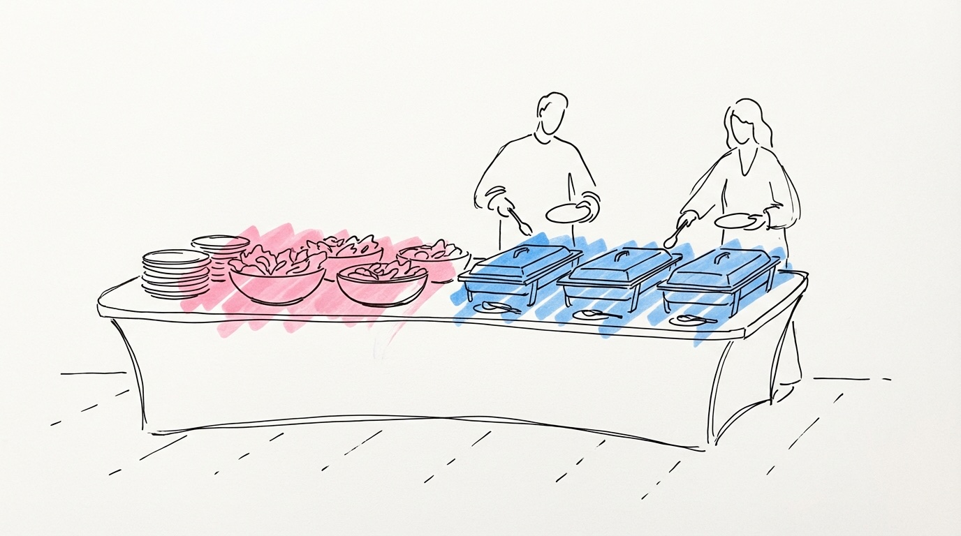 Lång buffébord med värmebrickor, salladsskålar och tallrikar i ena änden, ett par gäster som öser upp mat