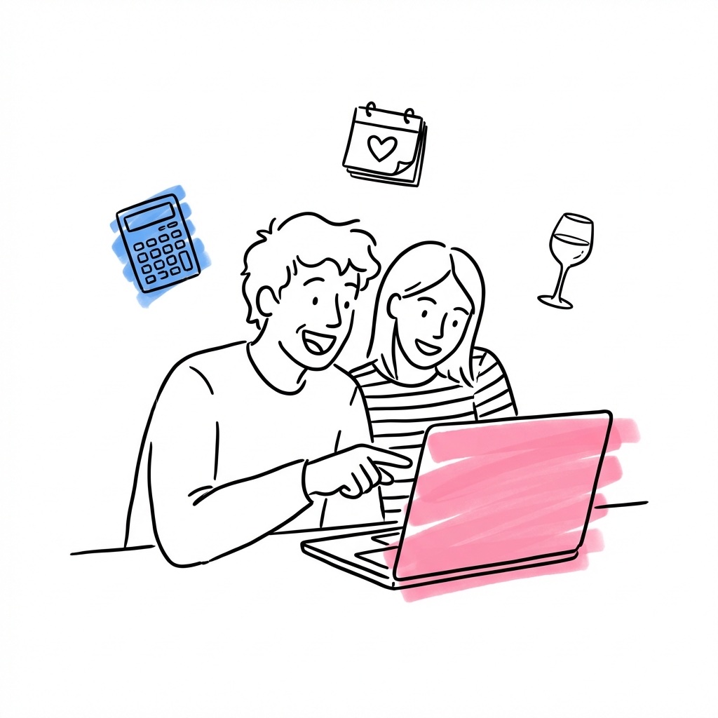 Par som sitter vid en laptop, en pekar på skärmen med entusiastiskt uttryck, omgivna av små ikoner av kalkylator, kalender och vinglas