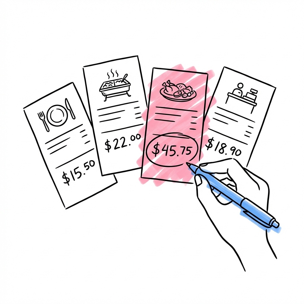 Fyra kvittolappar bredvid varandra med formatikoner och olika totalbelopp, en hand som ringar in ett av dem