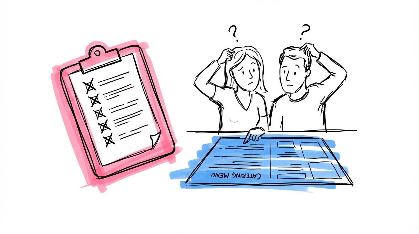 Klippbräda med checklista där flera punkter har kryss istället för bockar, bredvid ett förvirrat par som kliar sig i huvudet