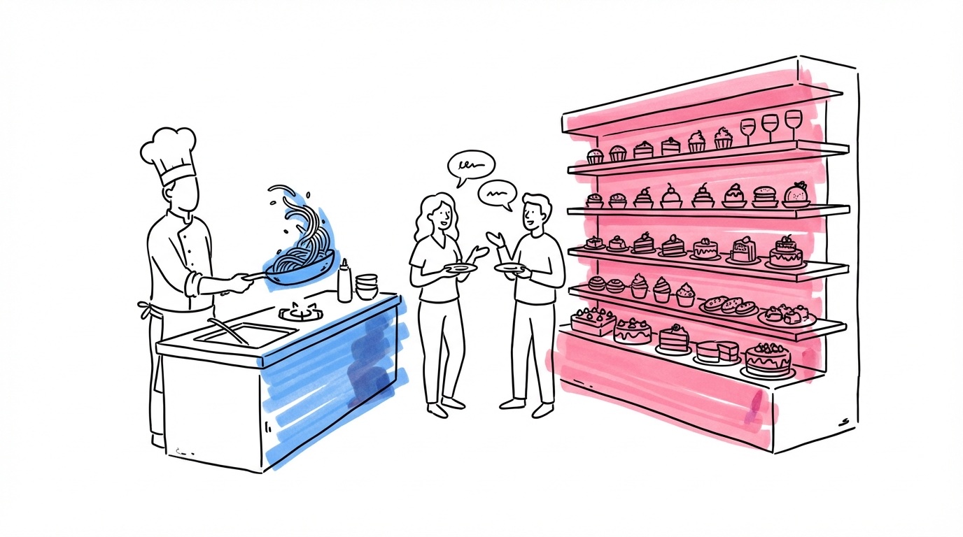 Två food stations sida vid sida — en pastastation med kock och en desservägg med småkakor på hyllor, gäster som minglar