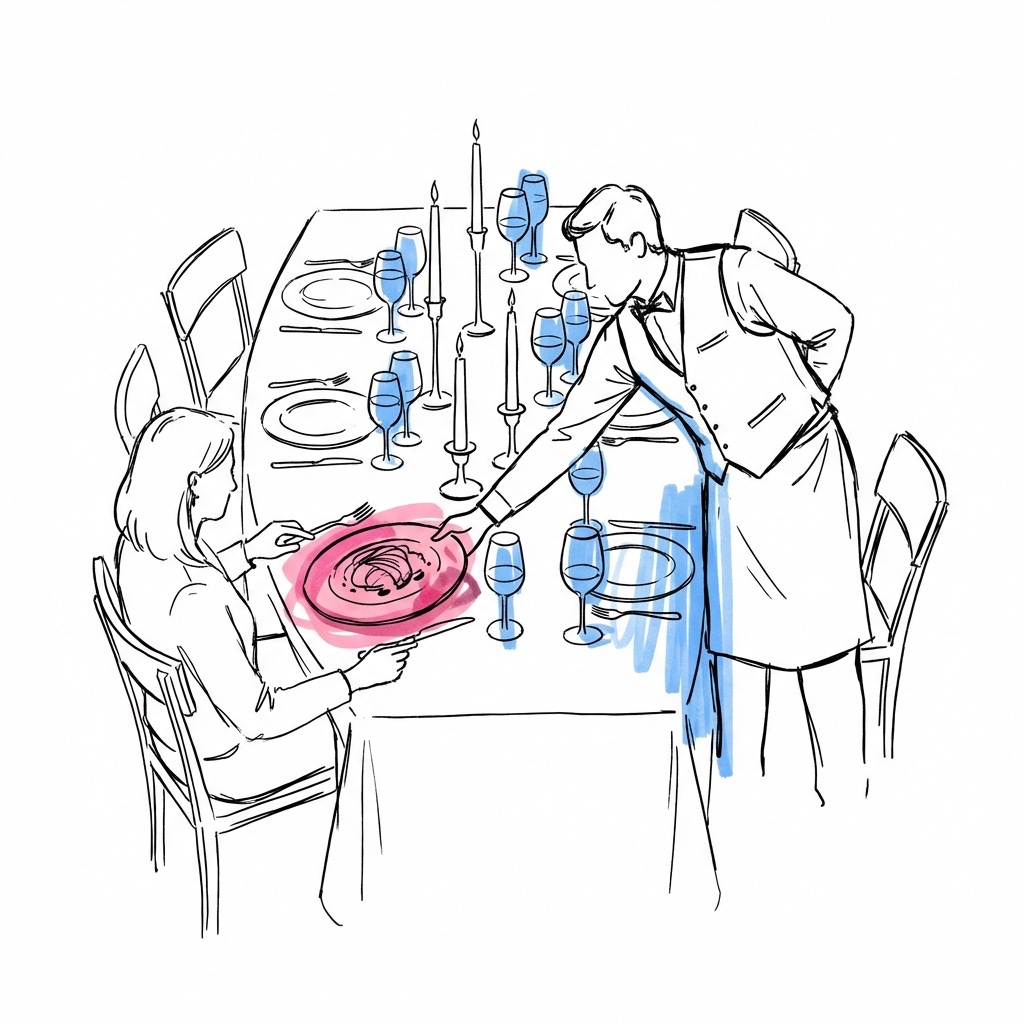 Elegant dukat långbord med servitör som placerar en tallrik framför en sittande gäst, vinglas och levande ljus längs bordet