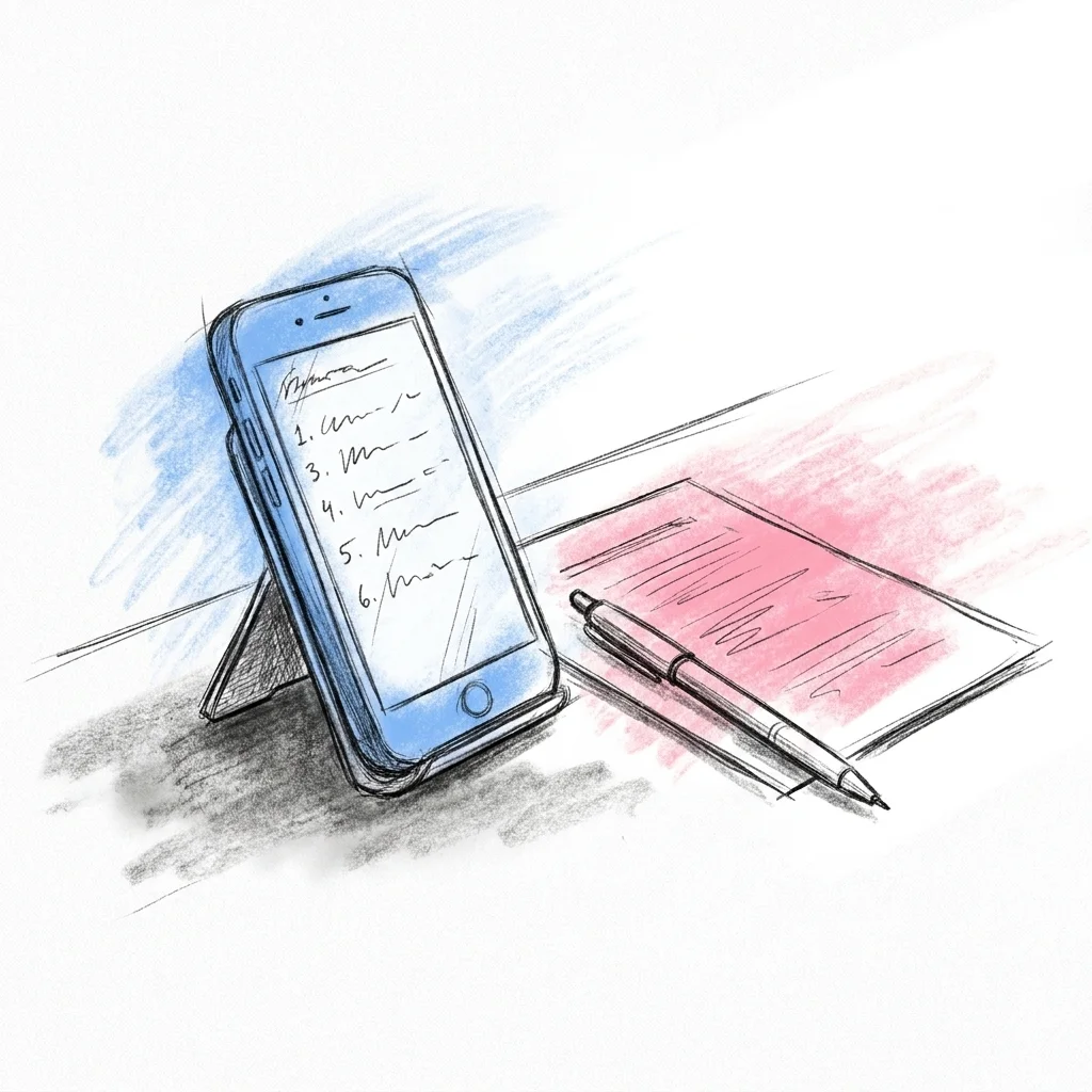En telefon eller surfplatta öppen på ett enkelt dokument med korta numrerade påståenden, en penna och ett utskrivet papper liggande bredvid, i Lovios rosa och blå illustrationsstil