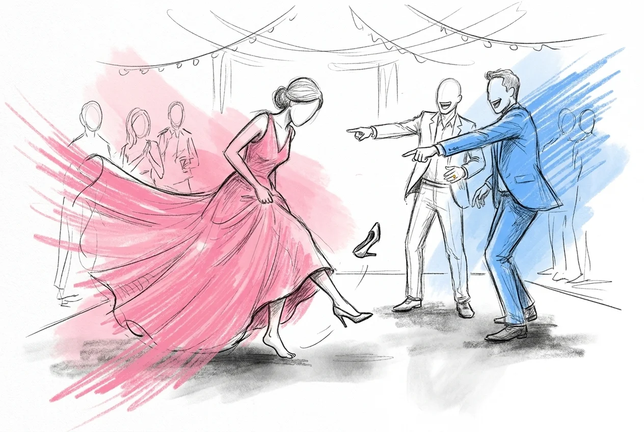 En livlig dansgolv sent på kvällen, en gäst mitt i ett missöde som en tappad sko medan några andra runt omkring pekar och skrattar, i Lovios rosa och blå illustrationsstil