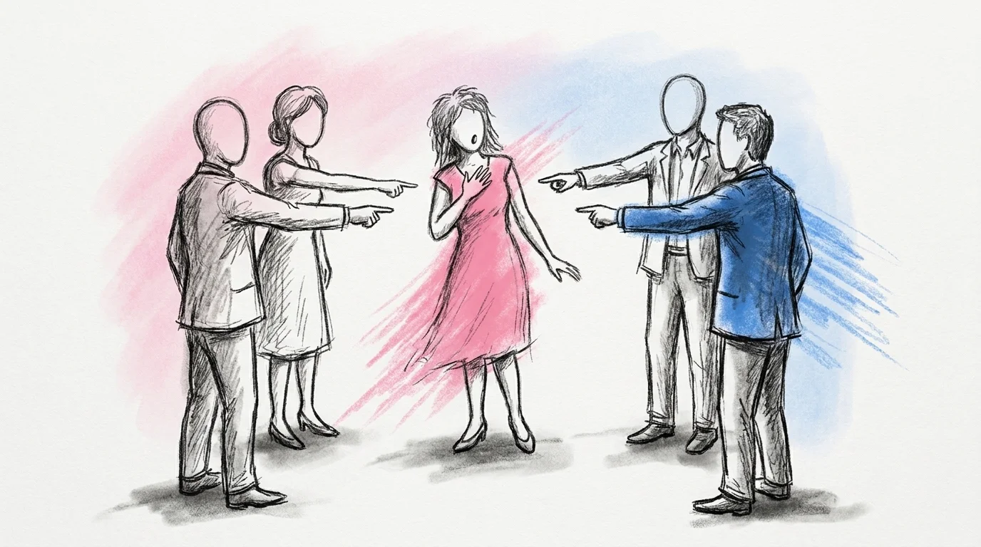En liten grupp bröllopsgäster spelar vem är mest sannolik i en lös ring, alla pekar samtidigt mot en person som ser överraskad ut mitt i ett skratt, i Lovios rosa och blå illustrationsstil