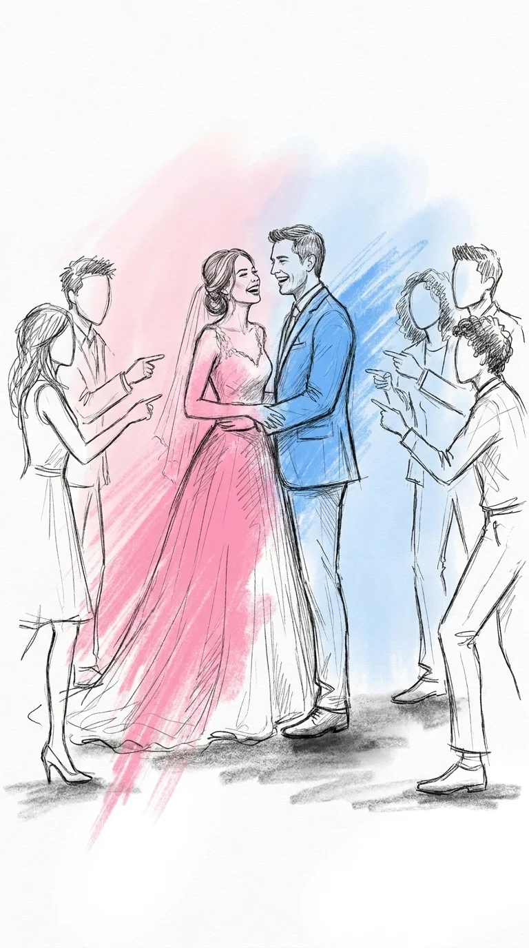 Ett brudpar står nära varandra och skrattar på sin egen fest medan vännerna runt omkring pekar mot dem samtidigt, i Lovios rosa och blå illustrationsstil