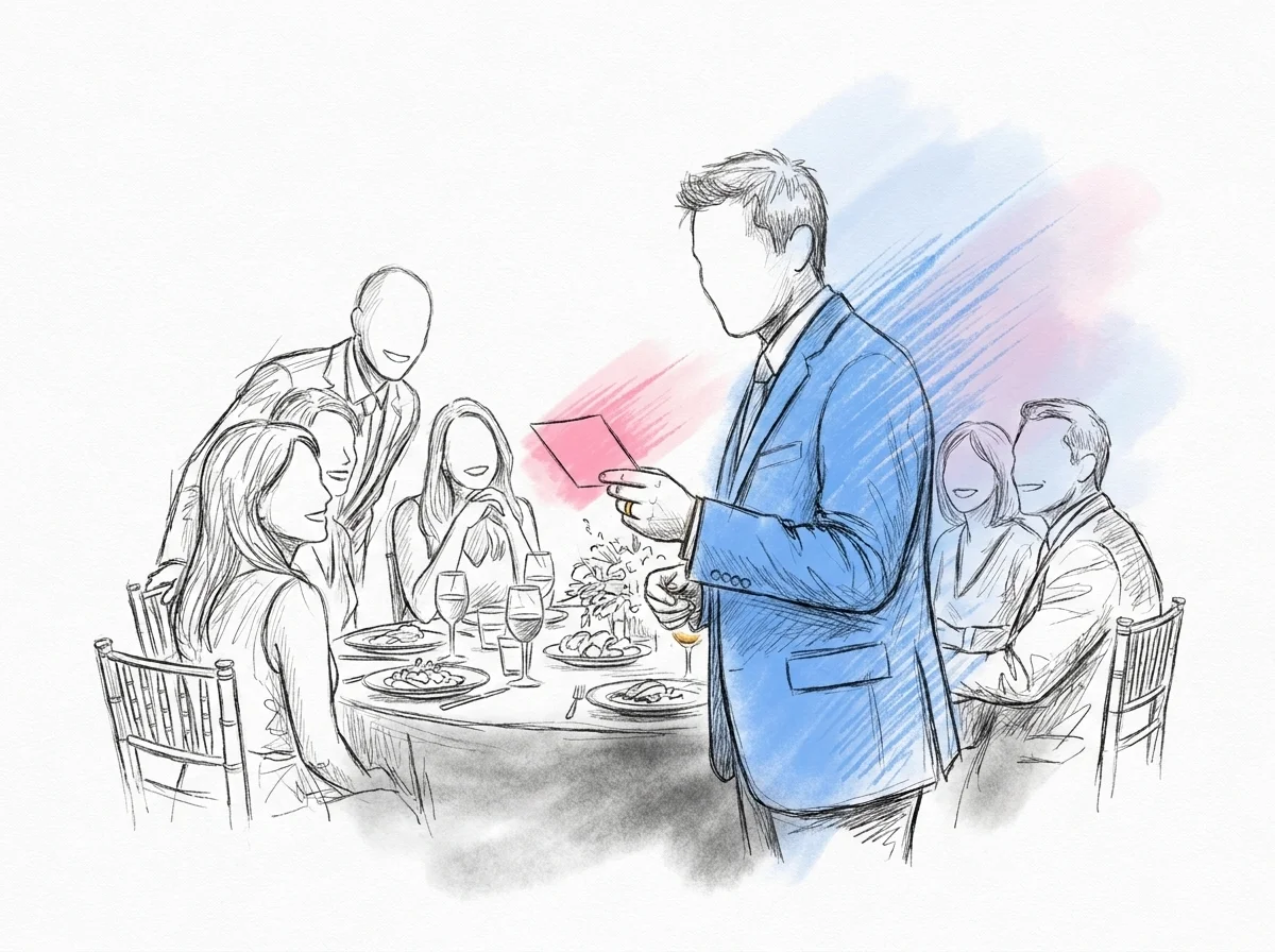 En toastmaster eller vän läser från ett litet kort mellan rätterna vid ett sittande middagsbord, gästerna ler och lutar sig fram som om något är på väg att hända, i Lovios rosa och blå illustrationsstil