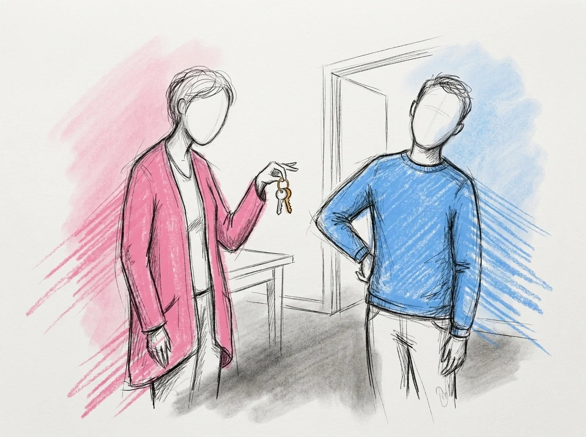 Ett par hemma i ett vardagligt ögonblick, den ena håller upp nycklar eller en räkning med skuldmedveten min medan den andra höjer ett ögonbryn, i Lovios rosa och blå illustrationsstil