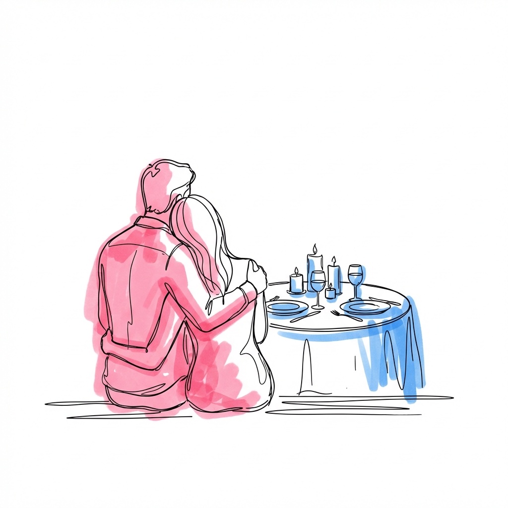 Par som omfamnar varandra och blickar ut mot ett vackert dukat bord för sitt mikrobröllop