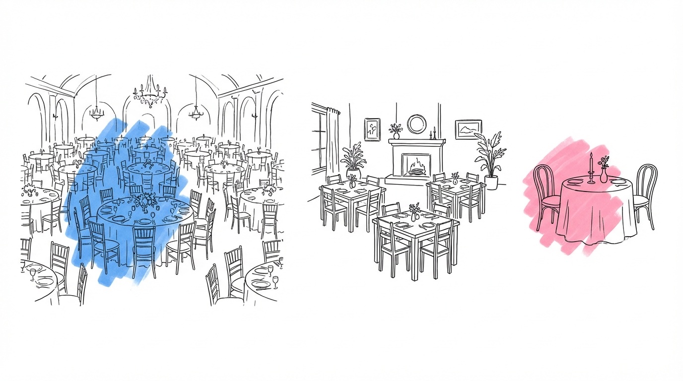 Tre bröllopsscener i olika skala — stor bankett, medelstor middag och intimt bord för två