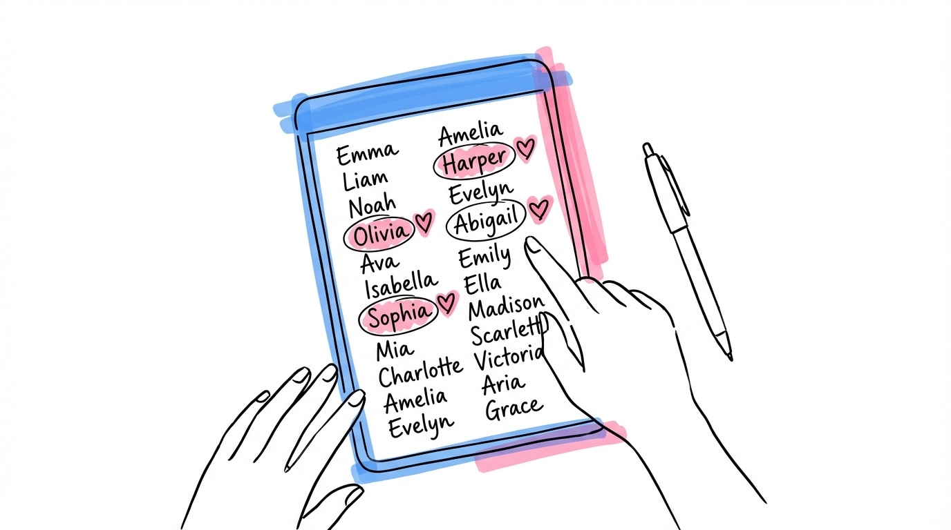 Handskriven namnlista på ett anteckningsblock, några namn inringade med hjärtan — gästlista för mikrobröllop