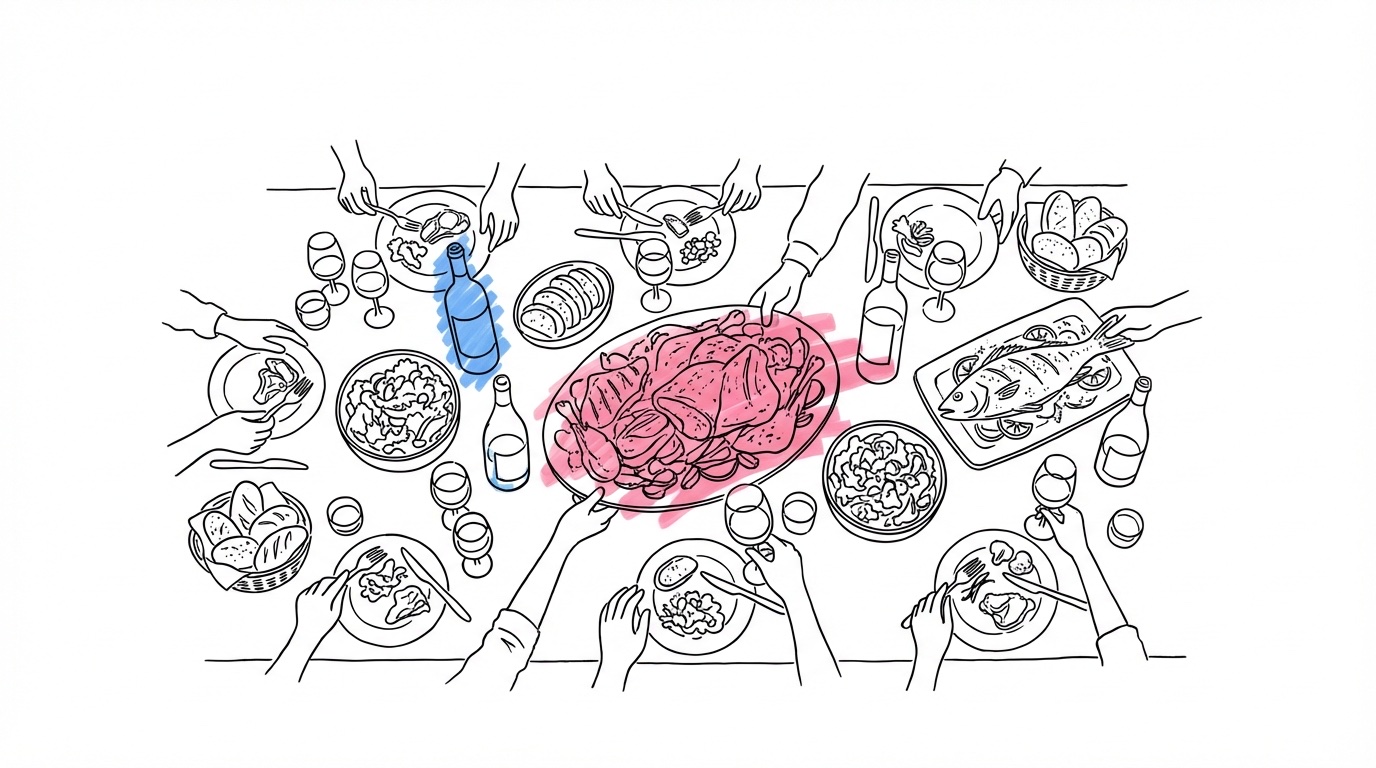 Family style-middag ovanifrån — stora fat med mat, brödkorgar, vinflaskor och händer som delar