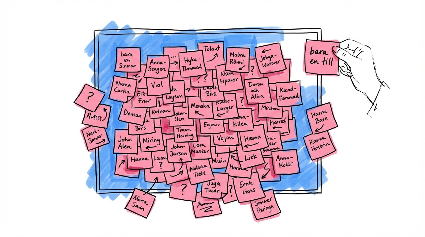 Bordsplacering med extra post-it-lappar som läggs till utanför kanten — vanliga misstag vid mikrobröllop