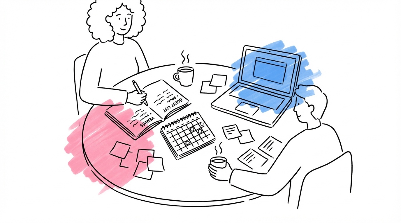 Ett par sitter vid köksbordet med anteckningsbok, kalender och laptop — planerar sitt mikrobröllop