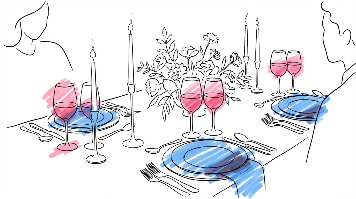 Bröllopsmiddag planering – festdukat bord med gäster