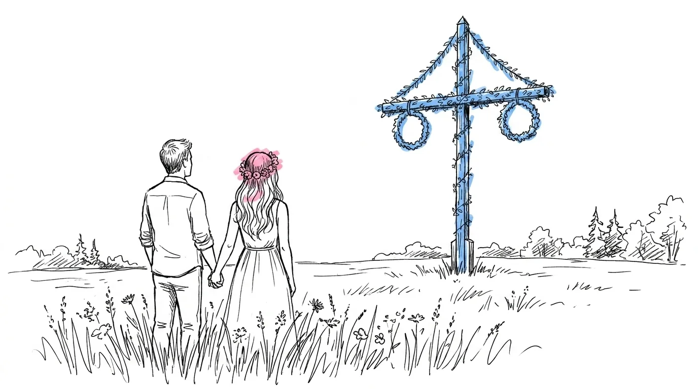 Ett par på en sommaräng i kvällsljus med en midsommarstång i bakgrunden, blomsterkrans i håret — Lovios illustrationsstil