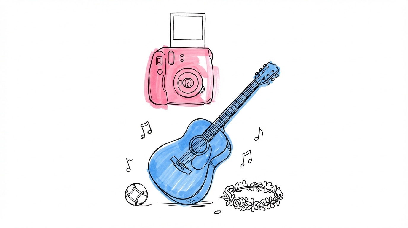 Polaroidkamera med fotoutskrift och akustisk gitarr — musik och fotoaktiviteter under minglet