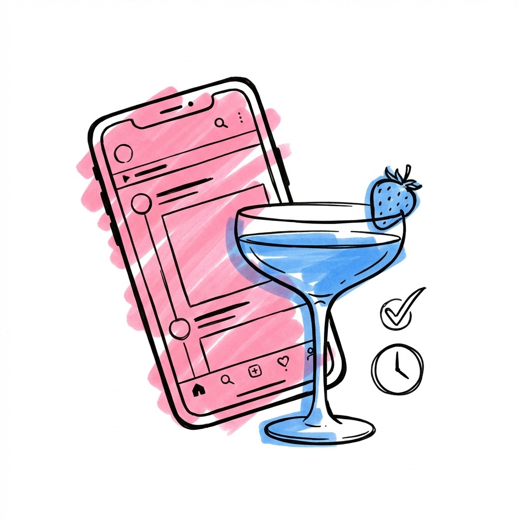 Lovios planeringsverktyg på en smartphone bredvid ett garnerat champagneglas