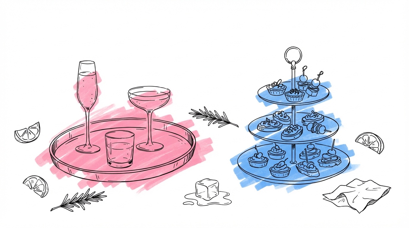 Serveringsbricka med drinkar och ett serveringsfat med canapéer — mat och dryck under mingeltimmen