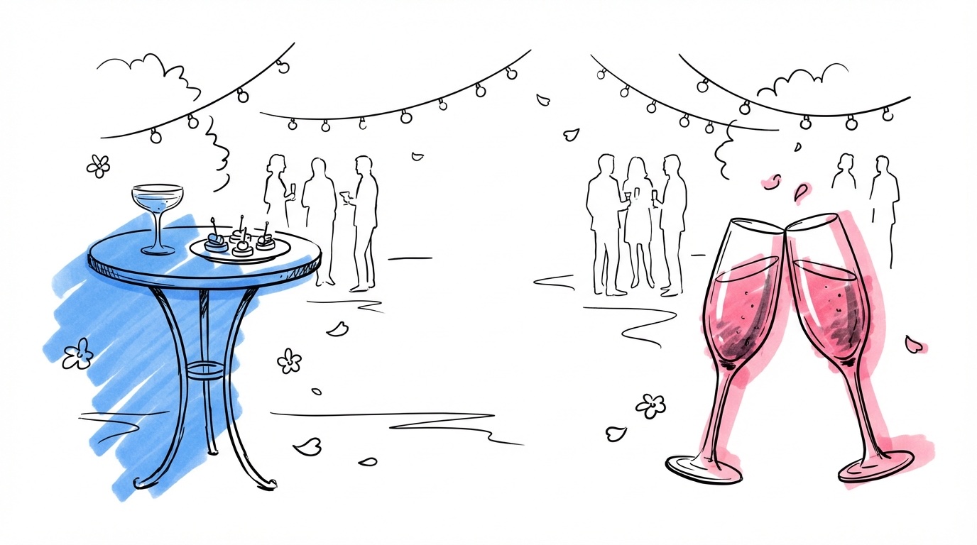 Två champagneglas som skålar vid ett bistrobord med canapéer — festlig mingeltimme på bröllop