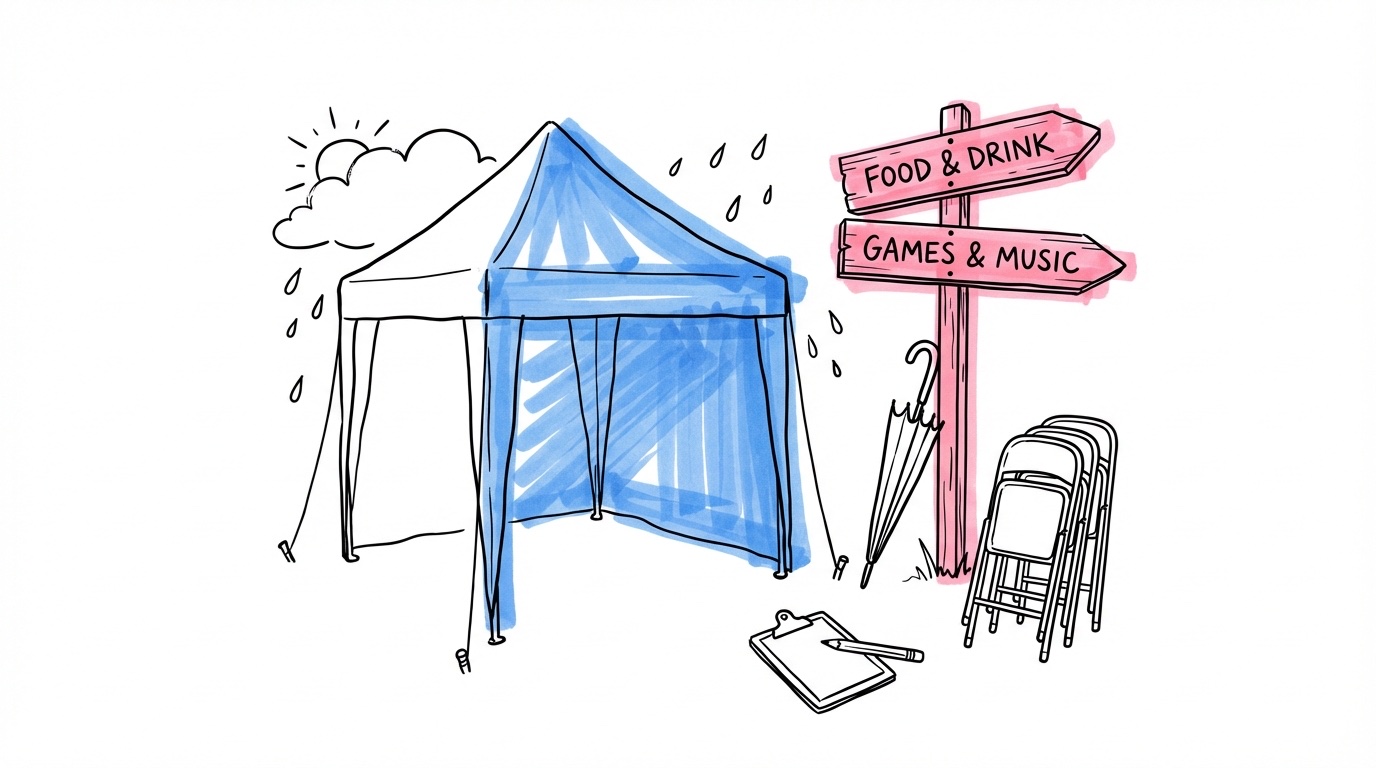 Partytält och riktningsskylt med pilar — praktisk logistik för mingeltimmen