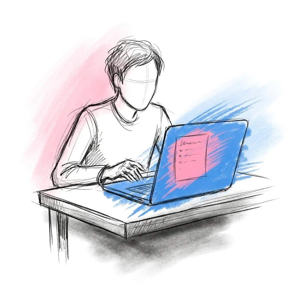 En person vid en laptop som går igenom ett prydligt delat dokument med en lista av korta anteckningar, lugn och organiserad, som en förberedelse inför kvällen