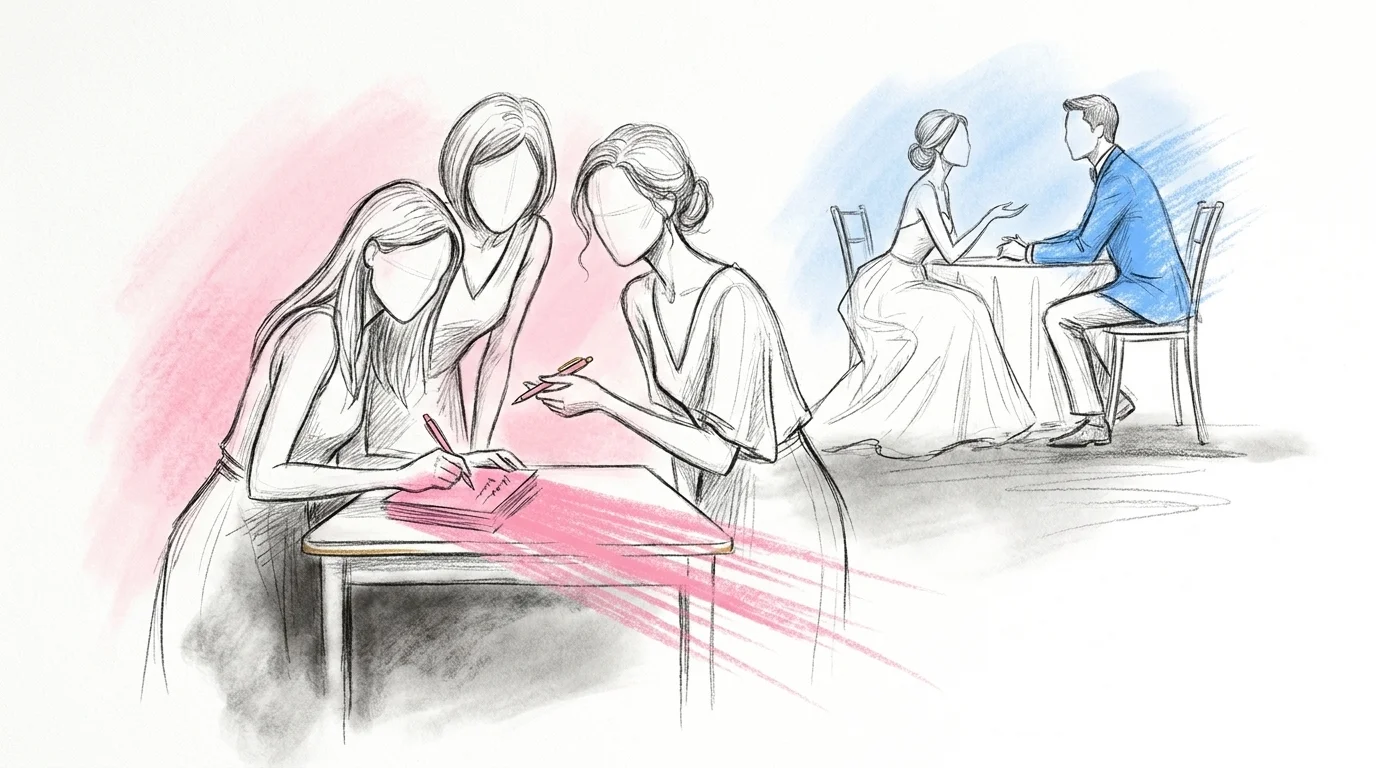 En liten grupp bröllopsgäster som skriver ner minnen på kort vid ett sidobord, med ett leende delat mellan sig, medan brudparet sitter omedvetet vid huvudbordet i bakgrunden, i Lovios rosa och blå illustrationsstil