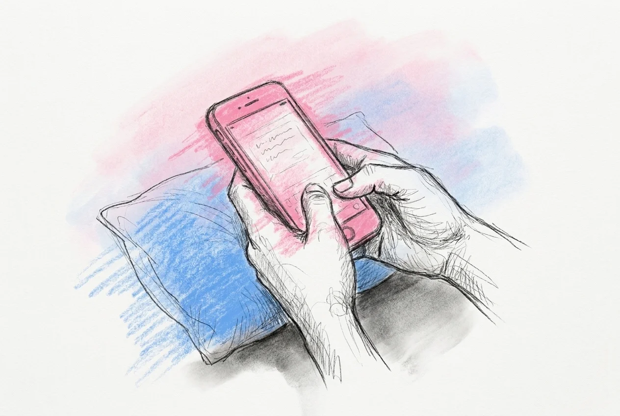 Närbild på ett par händer som skriver eller granskar ett textmeddelande i mobilen, avslappnat som hemma i soffan innan meddelandet skickas till en vän