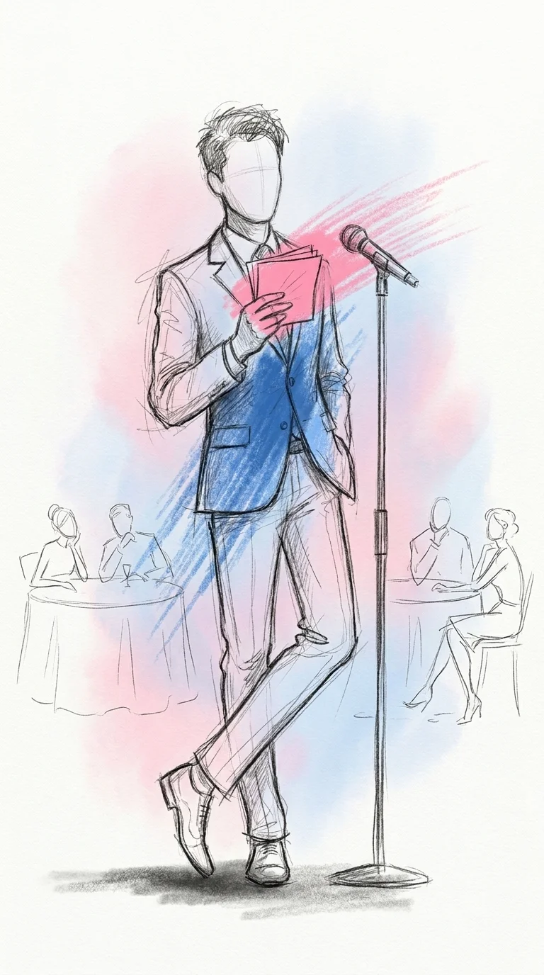 Toastmaster som står med en mikrofon och håller en liten bunt hopvikta anteckningar, mitt i uppläsningen, med suddiga gäster vid runda bord som lutar sig in och ler i bakgrunden