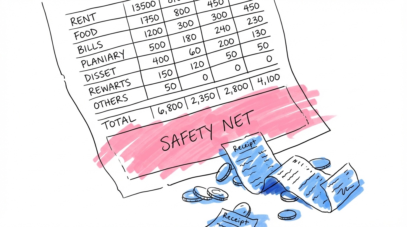 Budget med synlig buffert, mynt och kvitton