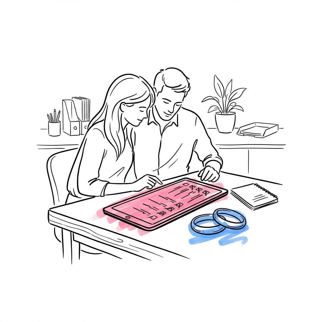 Par som tittar på en skärm med checklista tillsammans i en lugn och organiserad miljö