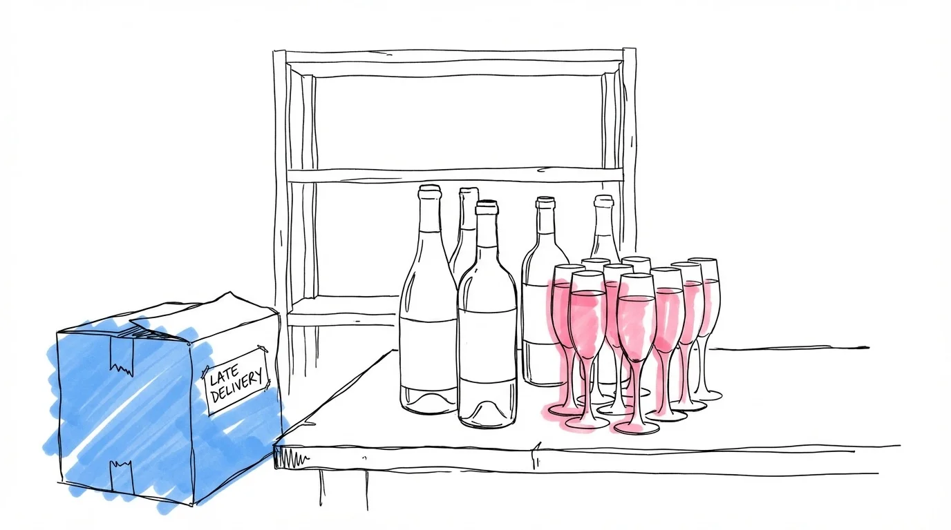 Vinflaskor och champagneglas med tom hylla i bakgrunden och försenad leveransbox
