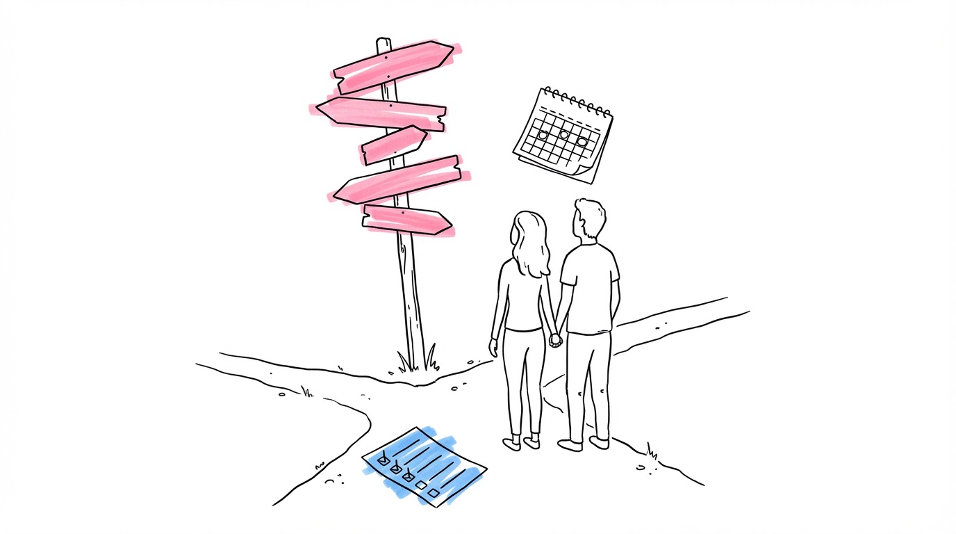 Illustration av ett par vid ett vägskäl med varningsskyltar och bröllopsrelaterade föremål