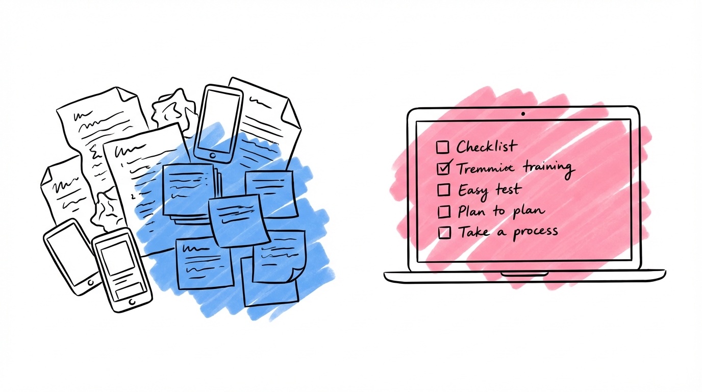 Stökigt skrivbord med post-it-lappar kontrasterat mot en organiserad skärm