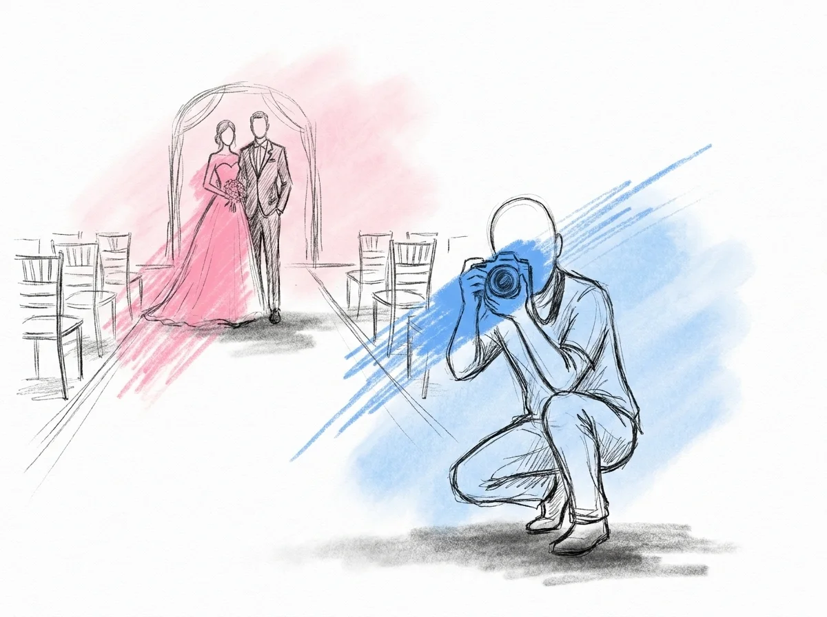 Fotograf som sitter på huk i en fri, öppen gång och fotograferar brudparet utan skärmar i vägen