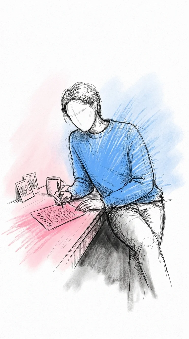 Person som handskriver några personliga rutor på ett bingobrickeutkast vid ett skrivbord, med ett par bilder på vänner liggande bredvid, i Lovios rosa och blå illustrationsstil