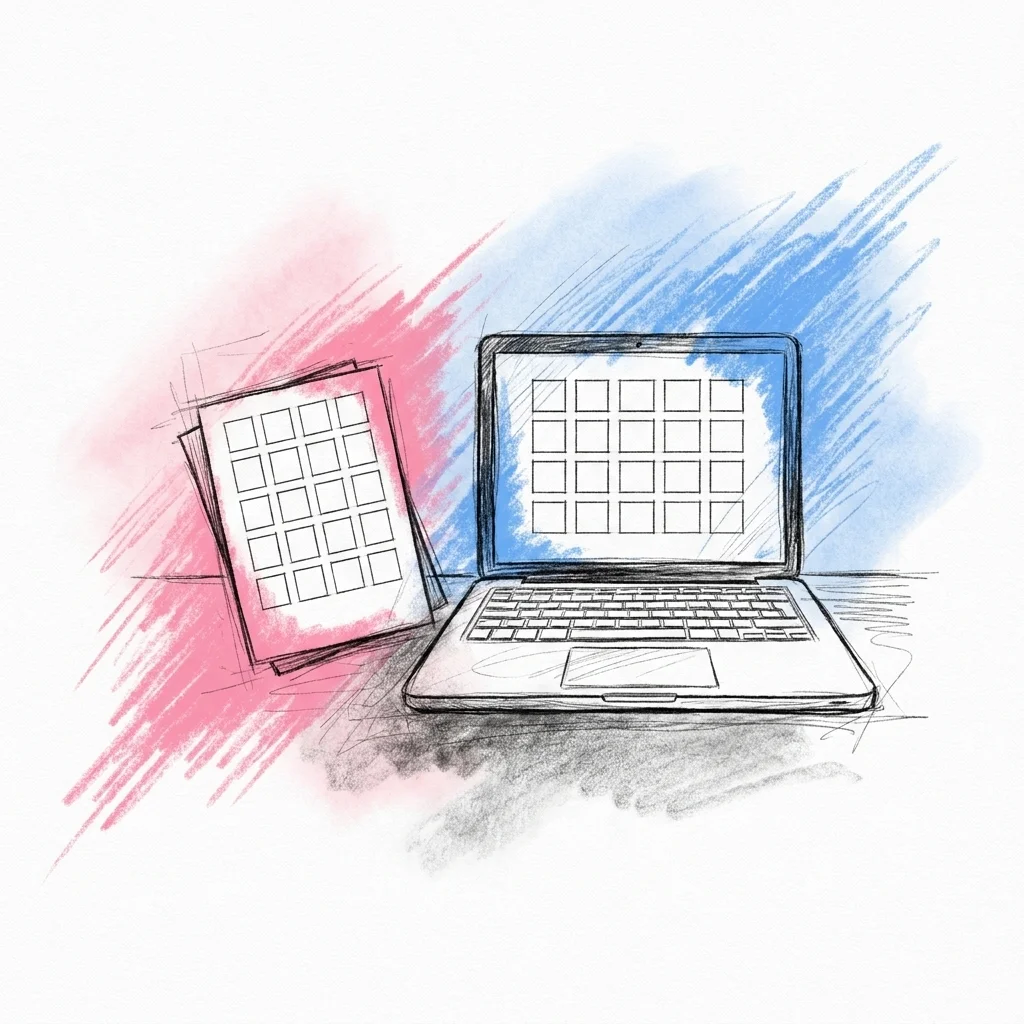 Laptop öppen med ett dokument fullt av rutor på skärmen, bredvid en nyutskriven bingobricka redo att delas ut, i Lovios rosa och blå illustrationsstil