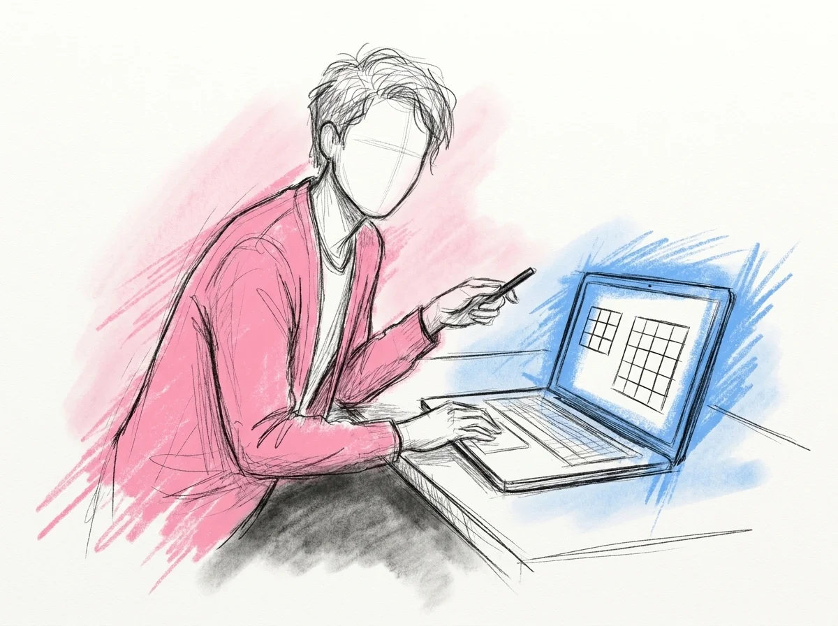 Person vid en laptop som skissar upp ett litet rutnät bredvid ett större och jämför de två brickstorlekarna sida vid sida, i Lovios rosa och blå illustrationsstil