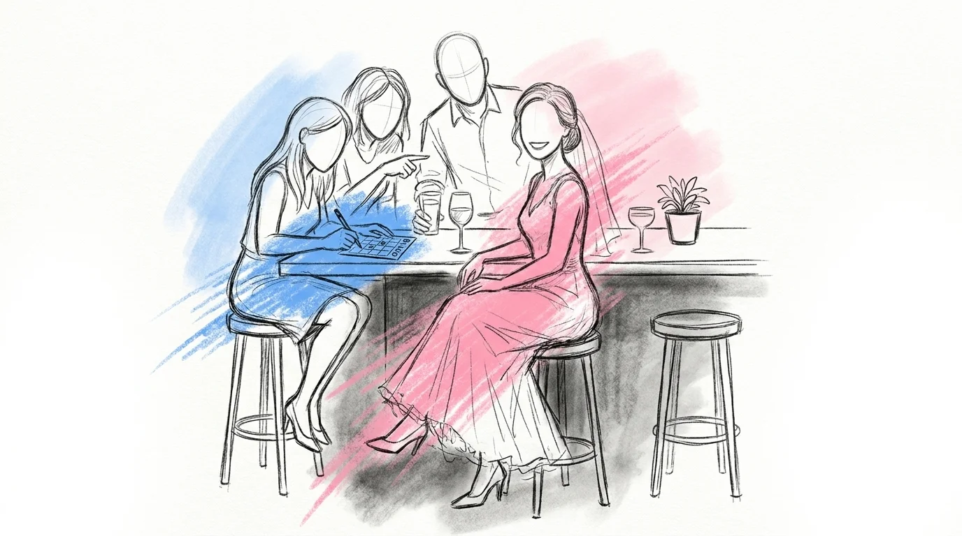 Vängrupp som spelar möhippa-bingo och skrattar runt bruden vid ett bord, två av dem håller en liten utskriven bingobricka och en penna mitt i ett kryss, i Lovios rosa och blå illustrationsstil