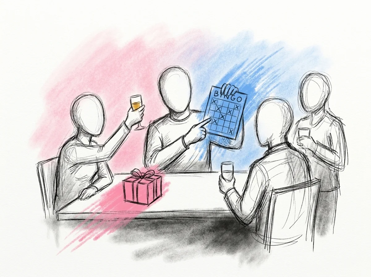 Liten grupp som firar med bubbel och en inslagen present medan en gäst pekar upprymt på sin ifyllda bingobricka, i Lovios rosa och blå illustrationsstil