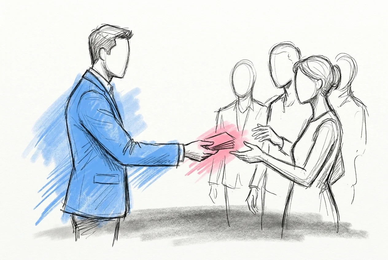 Värdinna som delar ut små utskrivna bingobrickor och pennor till en grupp gäster när de samlas i början av möhippadagen, i Lovios rosa och blå illustrationsstil