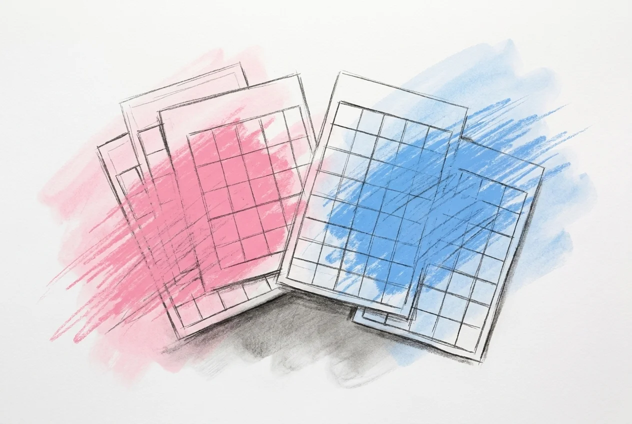 Flera olika utskrivna bingobrickor utlagda på ett bord, var och en med rutorna arrangerade i en synligt annorlunda ordning, i Lovios rosa och blå illustrationsstil