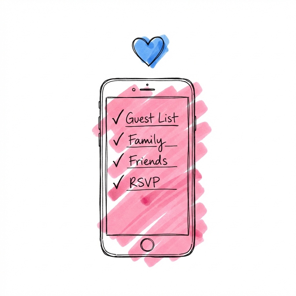Smartphone med gästlista och hjärta — Lovios verktyg för möhippa planering