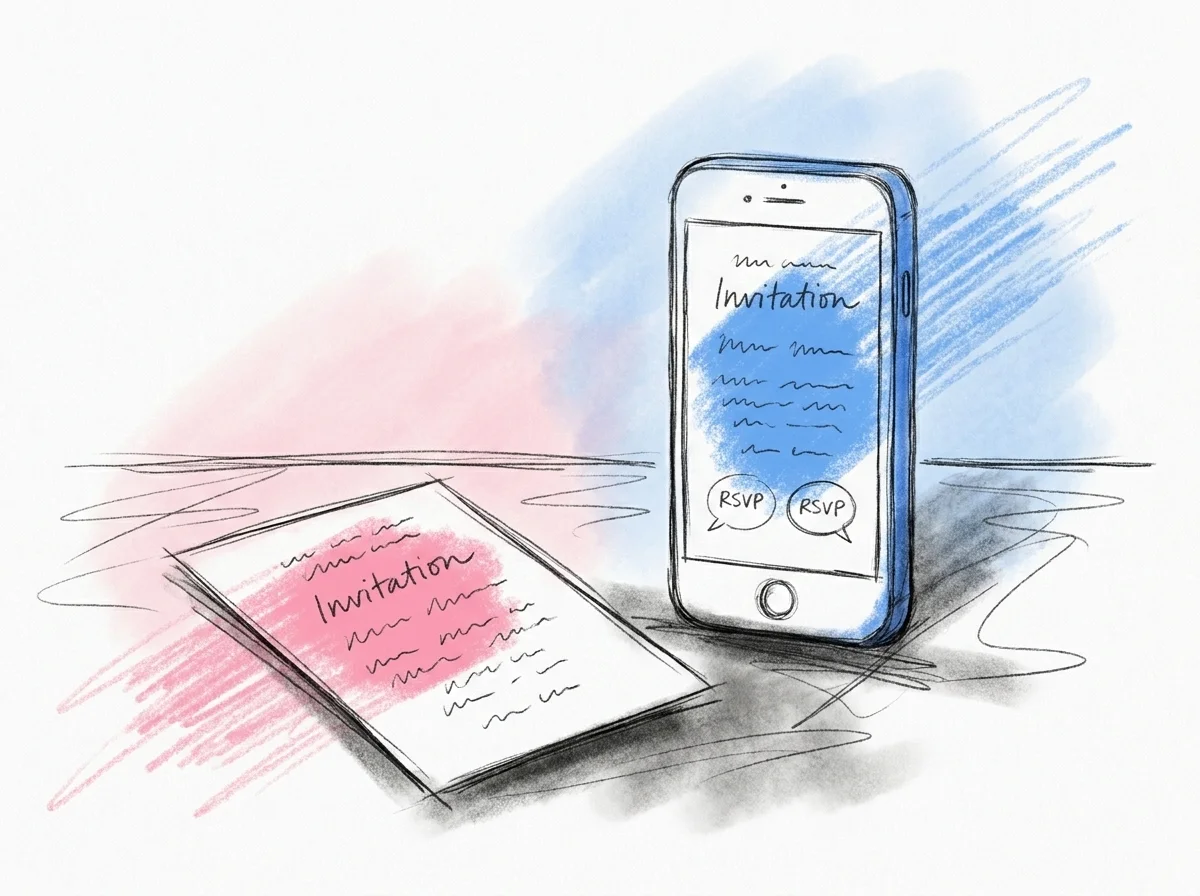 En telefon som visar en digital inbjudan med OSA-svar bredvid ett enda tryckt inbjudningskort på bordet, en lugn sida-vid-sida-jämförelse, i Lovios rosa och blå illustrationsstil