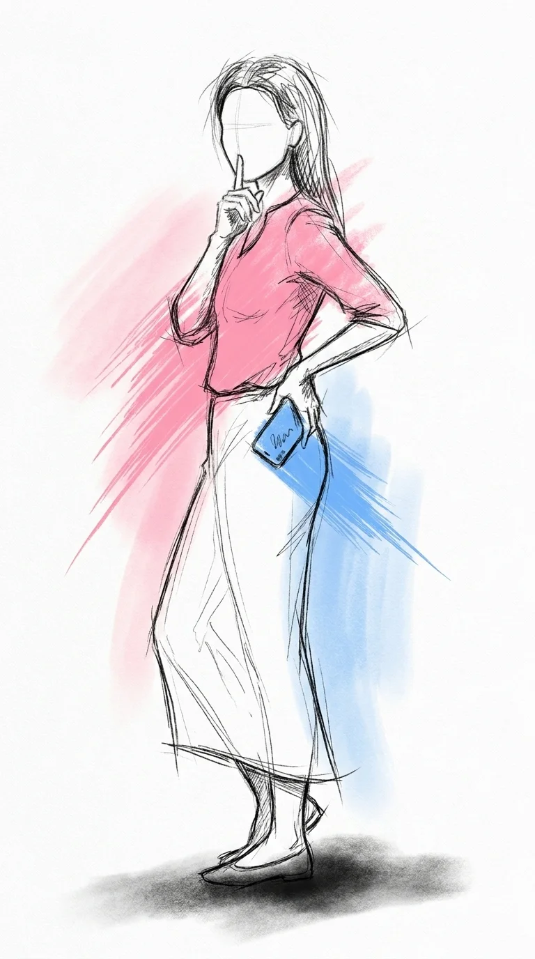 En väninna håller ett finger mot läpparna i en tyst-gest medan hon gömmer undan en telefon som visar en inbjudan, i Lovios rosa och blå illustrationsstil