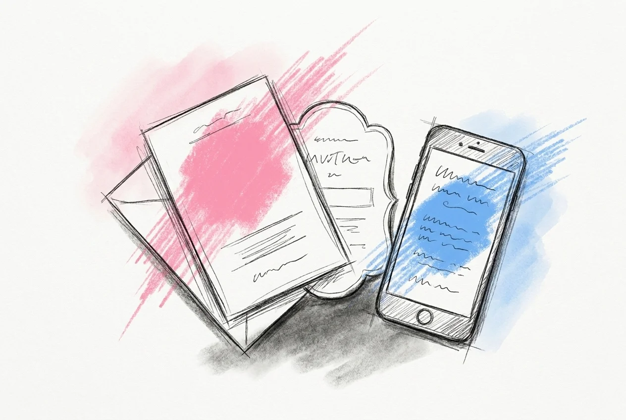 En liten solfjäder av olika inbjudningsformat utspridda tillsammans — ett par tryckta kort och en telefon som visar en kort sms-inbjudan, i Lovios rosa och blå illustrationsstil