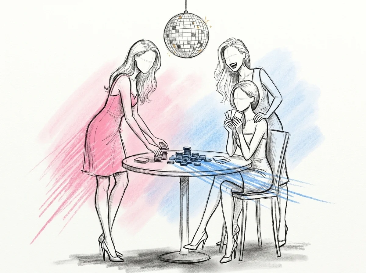 Vänner i cocktailkläder samlade runt ett litet spelbord med pokermarker och en discokula i taket, energisk feststämning