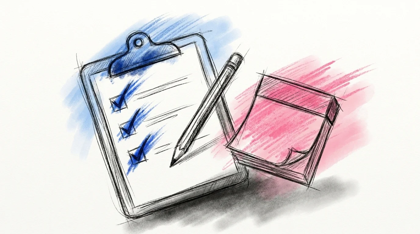 Checklista på ett clipboard med bockade rutor och ett kalenderblock — tidsplan för möhippa planering