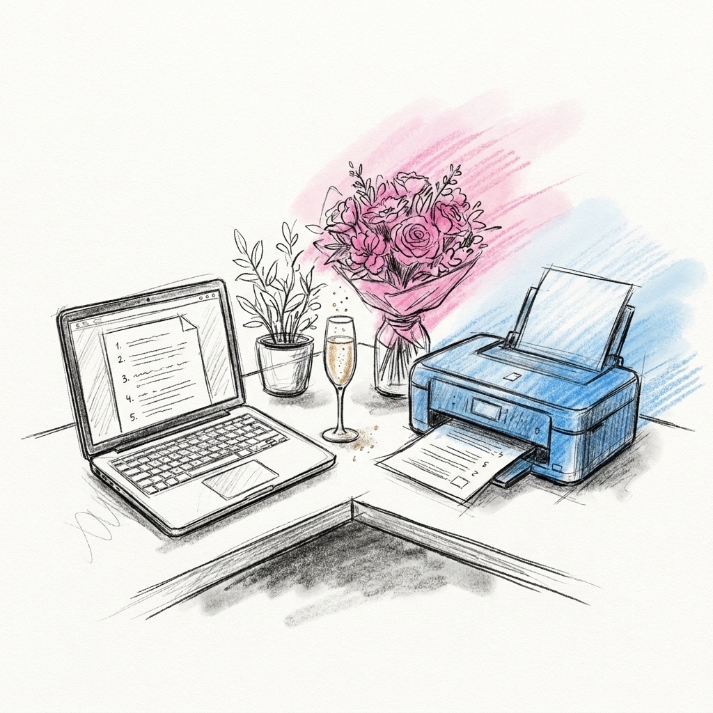 En laptop med ett öppet dokument med numrerad frågelista, en skrivare som matar ut ett färdigt svarsblad och en liten bukett och ett glas bubbel i hörnet av skrivbordet