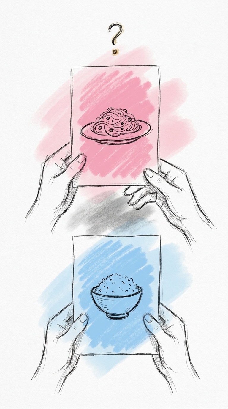 Två kort ovanpå varandra med varsitt ritat alternativ, en tallrik pasta och en skål ris, och en hand som räcks upp för att välja mellan dem